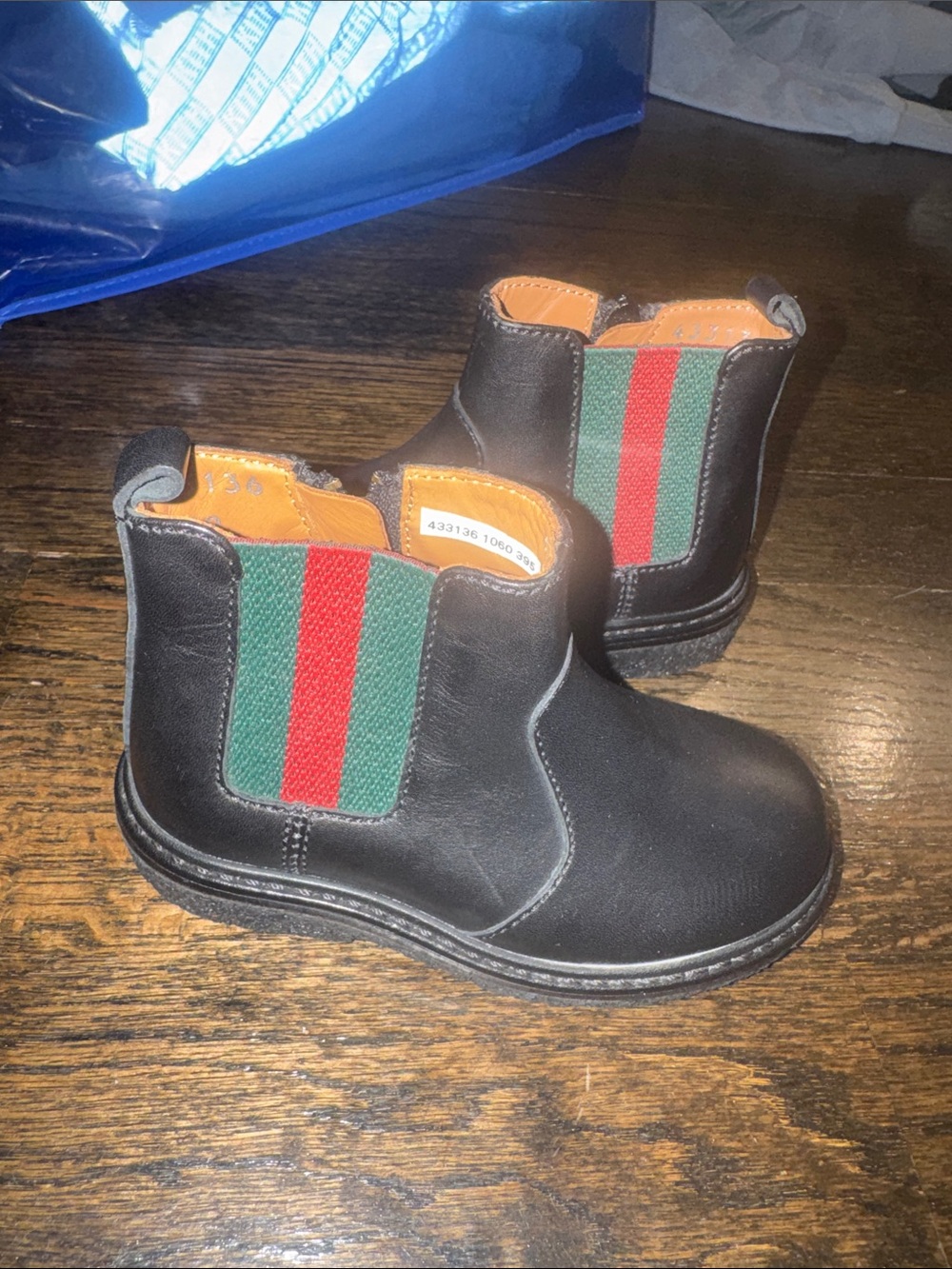 Gucci Kids Black Chelsea Boots with Green & Red Webbing